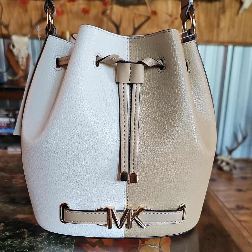 Michael Kors Cream Pebbled Leather Drawstring Bucket Crossbody